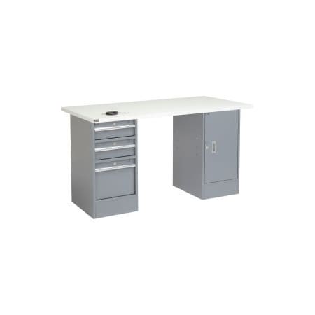 Global Equipment 96x30 Pedestal Workbench, 3 Drawers   Cabinet, ESD Laminate Square Edge Gray 318864